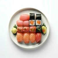 nourriture la photographie de Sushi sur assiette isolé sur blanc Contexte. génératif ai photo