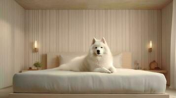 samoyède chien mensonge sur lit dans Hôtel avec contemporain intérieur conception. génératif ai photo