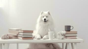 une samoyède chien dans une chandail est assis en train d'étudier accompagné par une tasse et piles de livres photo