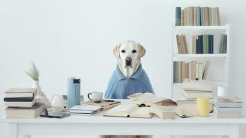 une d'or retriever chien dans une chandail est assis en train d'étudier accompagné par une tasse et piles de livres. génératif ai photo