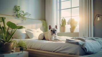 bouledogue chien mensonge sur lit dans Hôtel avec contemporain intérieur conception. génératif ai photo