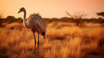 photo de autruche sur savane à le coucher du soleil. génératif ai