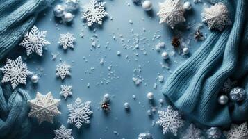 tricoté chandail toile de fond avec étincelant flocons de neige et ornements photo