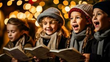 enthousiaste chanteurs par une décoré Noël arbre photo