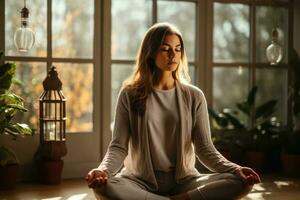 femme ayant une yoga session à Accueil dans une confortable chandail photo