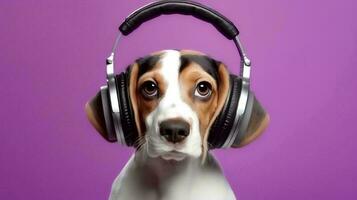 photo de beagle en utilisant casque de musique sur violet Contexte