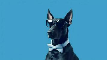 photo de hautain doberman en utilisant des lunettes de soleil et Bureau costume sur blanc Contexte