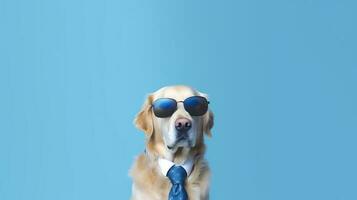 photo de hautain d'or retriever chien en utilisant des lunettes de soleil et Bureau costume sur blanc Contexte