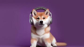 photo de shiba inu en utilisant casque de musique sur violet Contexte. génératif ai