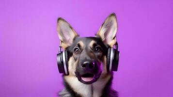 photo de allemand berger en utilisant casque de musique sur violet Contexte. génératif ai