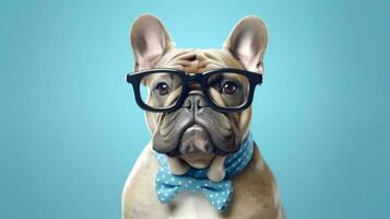 photo de hautain bouledogue en utilisant des lunettes et Bureau costume sur blanc Contexte. génératif ai