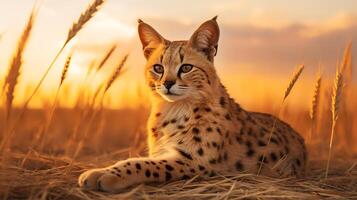 photo de serval sur savane à le coucher du soleil. génératif ai