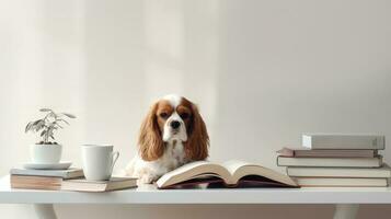 une cavalier chien est assis en train d'étudier accompagné par une tasse et piles de livres photo