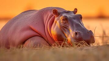 photo de hippopotame sur savane à le coucher du soleil. génératif ai