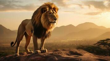 photo de Lion sur savane à le coucher du soleil. génératif ai