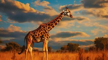 photo de girafe sur savane à le coucher du soleil. génératif ai