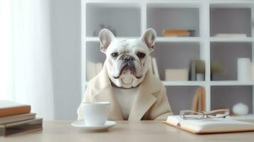 une bouledogue chien dans une Jaune vêtements est assis en train d'étudier accompagné par une tasse et piles de livres photo