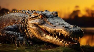 photo de crocodile sur savane à le coucher du soleil. génératif ai