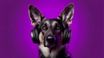 photo de allemand berger en utilisant casque de musique sur violet Contexte. génératif ai