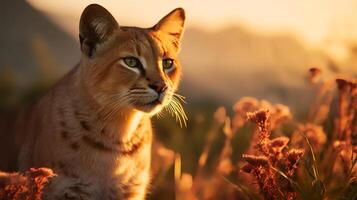 photo de africain d'or chat sur savane à le coucher du soleil. génératif ai