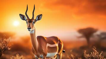 photo de impala sur savane à le coucher du soleil. génératif ai