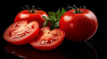 photo de tomates et tranche de tomate isolé sur noir Contexte