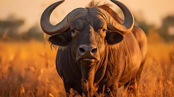 photo de buffle sur savane à le coucher du soleil. génératif ai