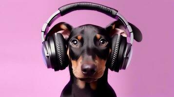 photo de doberman en utilisant casque de musique sur violet Contexte. génératif ai