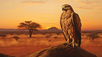 photo de martial Aigle sur savane à le coucher du soleil. génératif ai