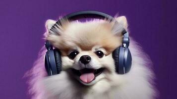photo de poméranien chien en utilisant casque de musique sur violet Contexte. génératif ai