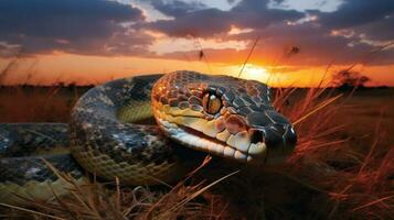 photo de africain python sur savane à le coucher du soleil. génératif ai