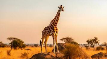 photo de girafe sur savane à le coucher du soleil. génératif ai