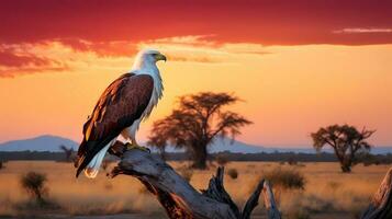 photo de africain poisson Aigle sur savane à le coucher du soleil. génératif ai