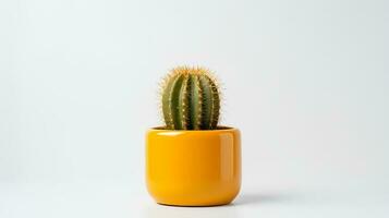 photo de d'or baril cactus dans minimaliste Jaune pot comme plante d'appartement pour Accueil décoration isolé sur blanc Contexte. génératif ai
