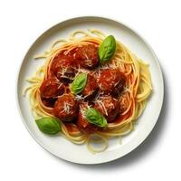 nourriture la photographie de spaghetti avec Boulettes de viande sur assiette isolé sur blanc Contexte. génératif ai photo