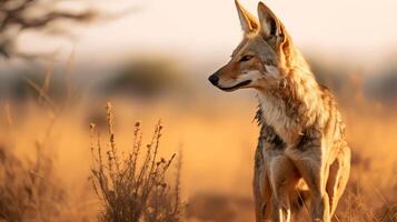 photo de noir soutenu chacal sur savane à le coucher du soleil. génératif ai