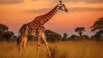 photo de girafe sur savane à le coucher du soleil. génératif ai