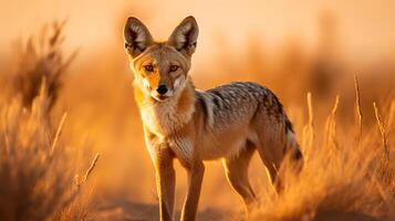 photo de chacal sur savane à le coucher du soleil. génératif ai