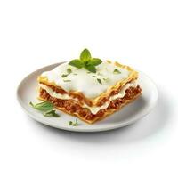 nourriture la photographie de lasagne sur assiette isolé sur blanc Contexte. génératif ai photo