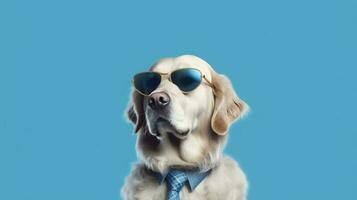 photo de hautain d'or retriever chien en utilisant des lunettes de soleil et Bureau costume sur blanc Contexte. génératif ai