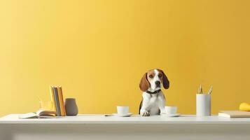 une beagle chien dans une Jaune vêtements est assis en train d'étudier accompagné par une tasse et piles de livres. génératif ai photo