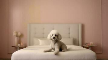 caniche chien mensonge sur lit dans Hôtel avec contemporain intérieur conception. génératif ai photo