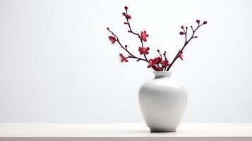 photo de prune fleur dans minimaliste pot comme plante d'appartement pour Accueil décoration sur blanc table sur brillant Contexte. génératif ai