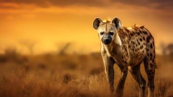 photo de hyène sur savane à le coucher du soleil. génératif ai