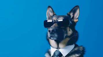 photo de hautain allemand berger en utilisant des lunettes de soleil et Bureau costume sur blanc Contexte. génératif ai