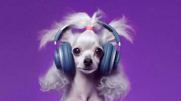 photo de caniche chien en utilisant casque de musique sur violet Contexte. génératif ai