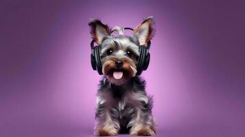 photo de Yorkshire terrier en utilisant casque de musique sur violet Contexte