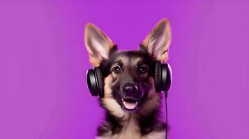 photo de allemand berger en utilisant casque de musique sur violet Contexte. génératif ai