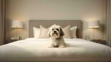Lhassa apso chien mensonge sur lit dans Hôtel avec contemporain intérieur conception. génératif ai photo