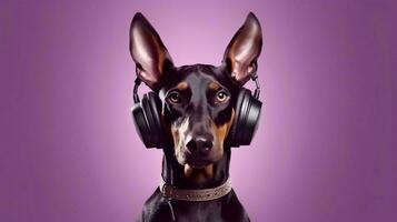 photo de doberman en utilisant casque de musique sur violet Contexte. génératif ai